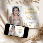 Floral Gold Princess Birthday Quinceanera Photo Save The Date<br><div class="desc">Floral Light Champagne Gold Princess Gown Dress Glitter Sparkle Tiara Crown Butterfly 15th Birthday Quinceanera Photo Save the Date</div>