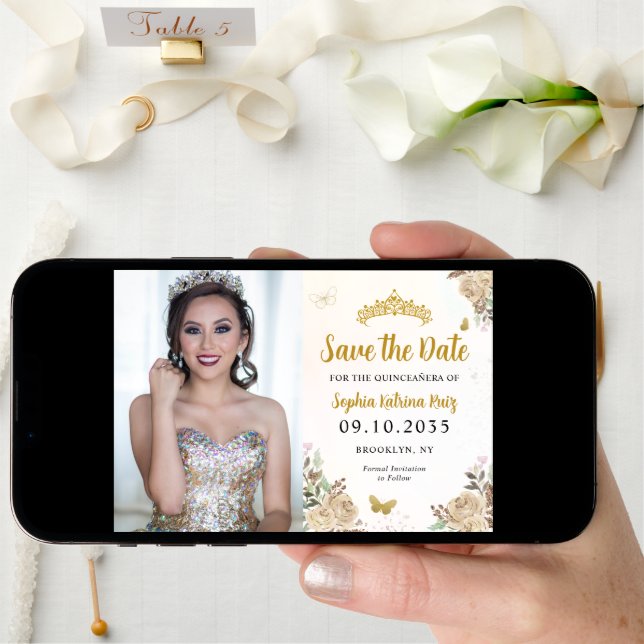 Floral Gold Princess Birthday Quinceanera Photo Save The Date (Front Digital)