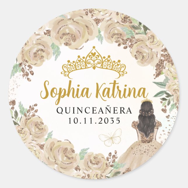 Floral Gold Princess Quinceanera Birthday Favor Classic Round Sticker (Front)