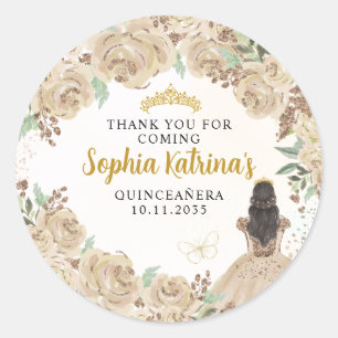 Floral Gold Princess Quinceanera Birthday Favor Classic Round Sticker