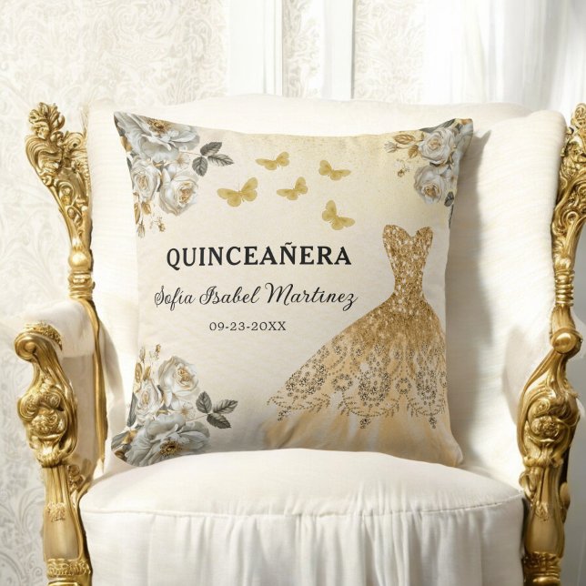 Floral Gold Princess Quinceanera Birthday Throw Pillow (Creator Uploaded)