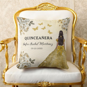 Floral Gold Princess Quinceanera Birthday Throw Pillow