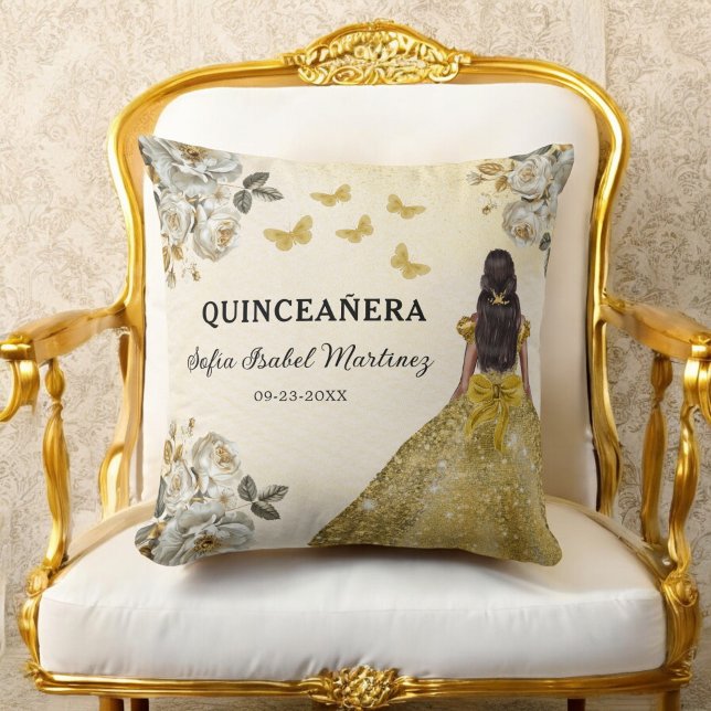 Floral Gold Princess Quinceanera Birthday Throw Pillow (Creator Uploaded)