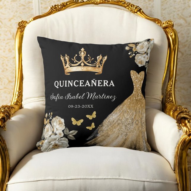 Floral Gold Princess Quinceanera Birthday Throw Pillow (Creator Uploaded)
