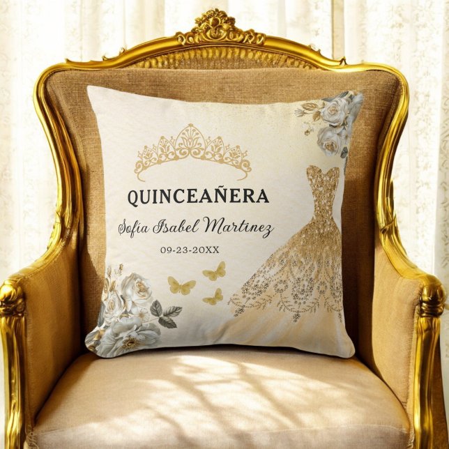 Floral Gold Princess Quinceanera Birthday Throw Pillow (Creator Uploaded)