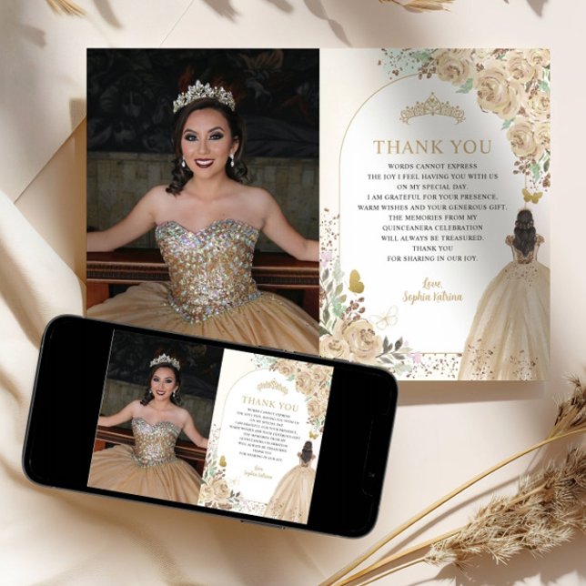 Floral Gold Princess Quinceanera Photo Thank You Invitation (Creator Uploaded)