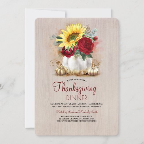 Floral Gold Pumpkin Rustic Thanksgiving Dinner Invitation