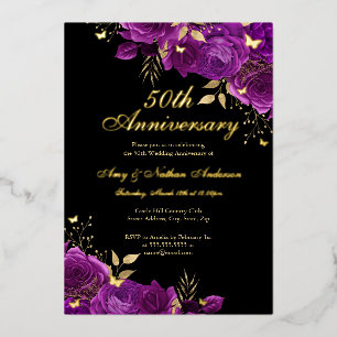 Floral Gold Purple 50th Wedding Anniversary Foil Invitation