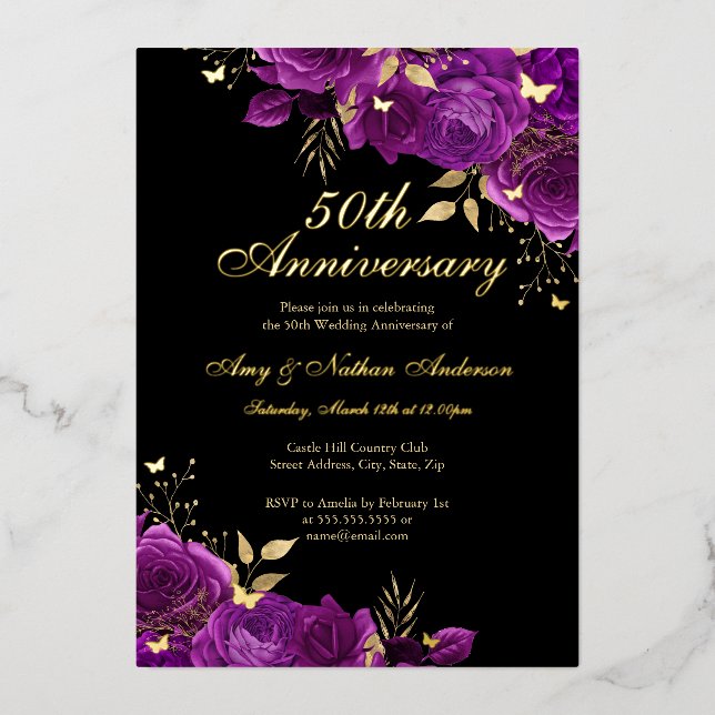 Floral Gold Purple 50th Wedding Anniversary Foil Invitation (Front)