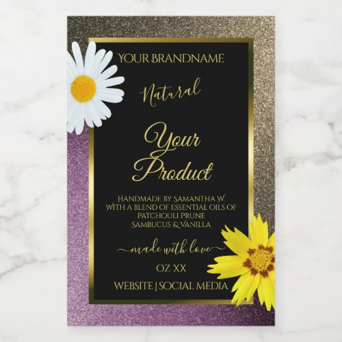 Floral Gold Purple Glitter Black Product Labels