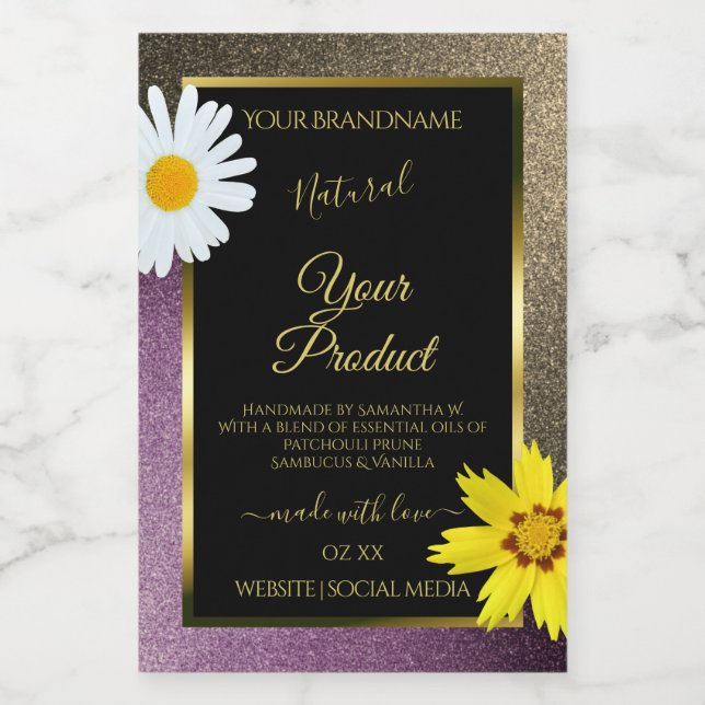 Floral Gold Purple Glitter Black Product Labels (Single Label)
