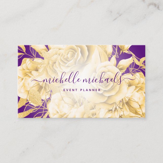 Floral Gold Purple Modern Script Business Card (Front)