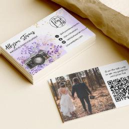 Floral gold purple Photography photo logo qr code Business Card