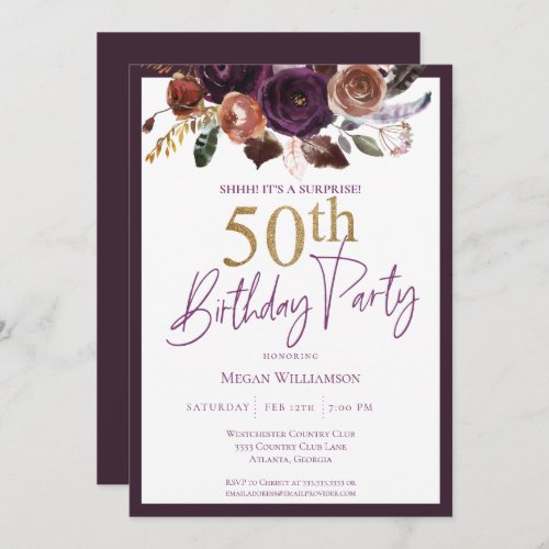 Floral Gold Purple Surprise 50th Birthday Party Invitation