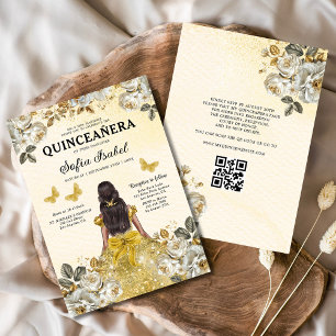 Floral Gold QR Code Princess Quinceanera Invitation