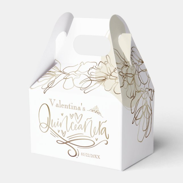 Floral Gold Quinceañera Favor Boxes (Front Side)