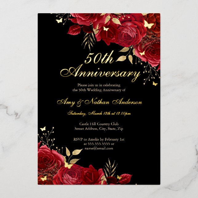 Floral Gold Red 50th Wedding Anniversary Foil Invitation (Front)