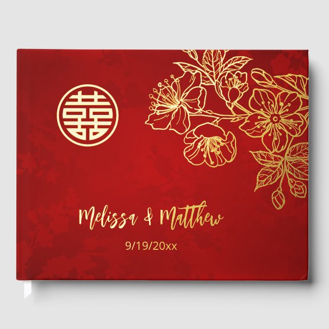 Floral Gold Red Chinese Wedding Foil Guest Book (Front)
