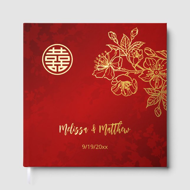 Floral Gold Red Chinese Wedding Foil Guest Book (Front)