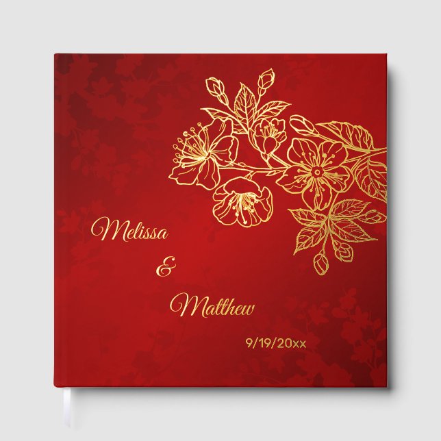 Floral Gold Red Christmas Wedding Foil Guest Book (Front)