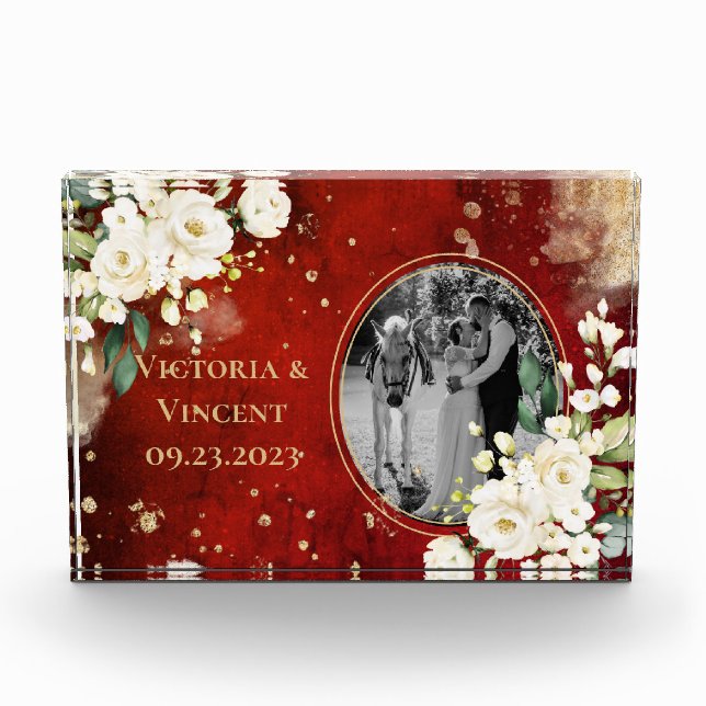 Floral Gold Red Cream Names Wedding Photo Block (Front)