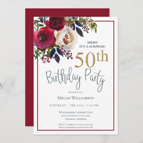 Floral Gold Red Surprise 50th Birthday Party Invitation