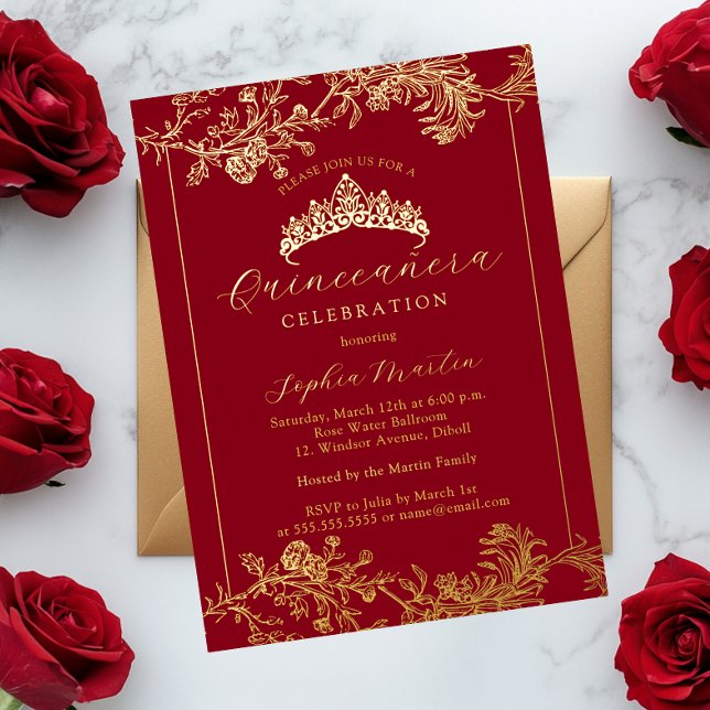 Floral Gold Red Vintage Quinceanera  Foil Invitation (Creator Uploaded)