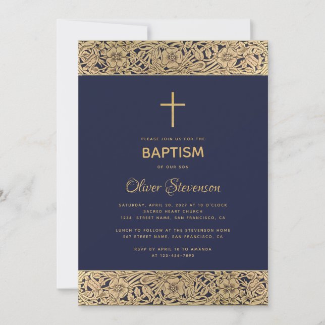 Floral Gold Rose on Navy Blue Elegant Boy Baptism Invitation (Front)