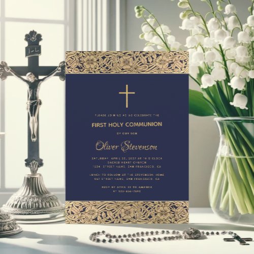 Floral Gold Roses Cross Navy Blue First Communion Invitation