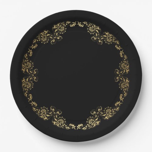 Floral Gold Round Boarder Framed Paper Plate