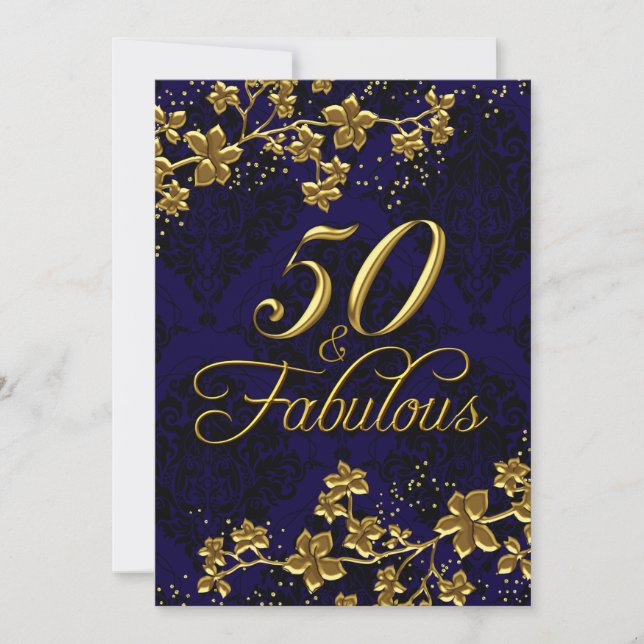 Floral Gold Royal Blue 50 & Fabulous Invitation (Front)