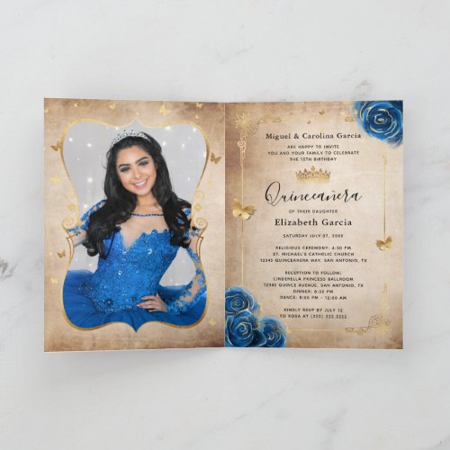Floral Gold Royal Blue Quinceaera Photo Folded Invitation