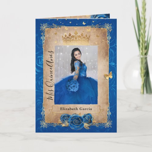 Floral Gold Royal Blue Quinceaera Photo Folded Invitation