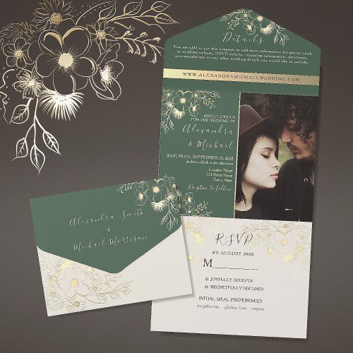 Floral Gold Sage Green Photo Wedding All In One Invitation