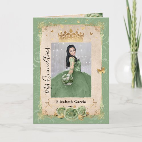 Floral Gold Sage Green Quinceaera Photo Folded Invitation