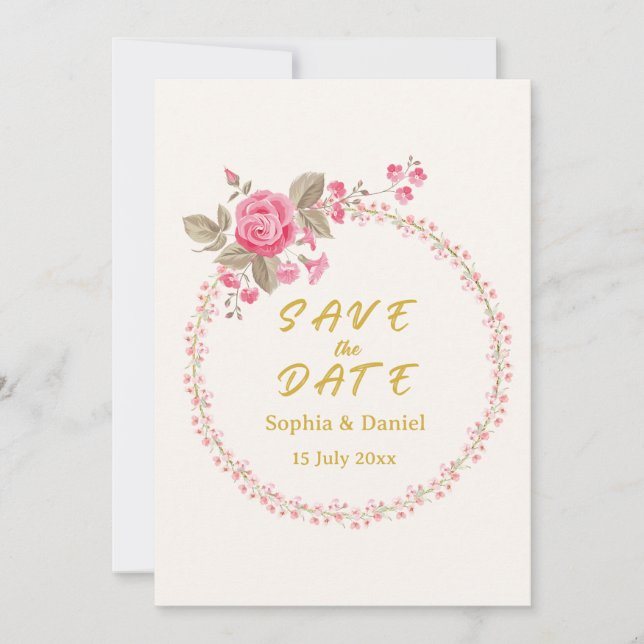 Floral Gold Save the Date Card (Front)