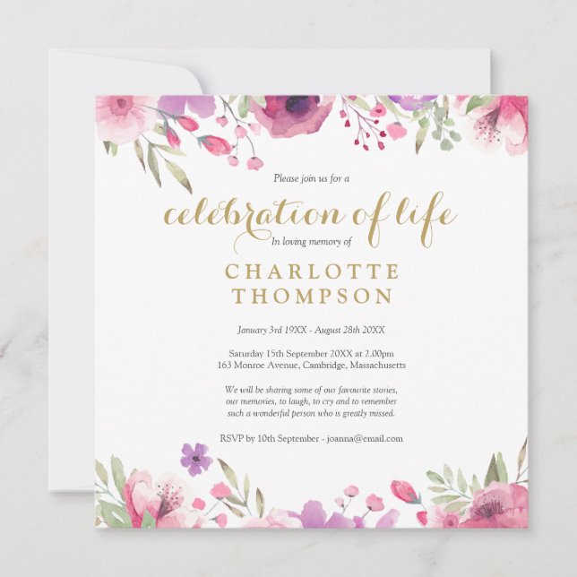 Floral Gold Script Celebration of Life Funeral Invitation (Front)