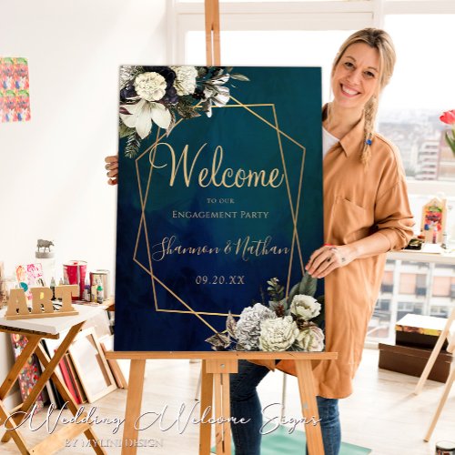 Floral Gold Script Engagement Party Welcome Sign