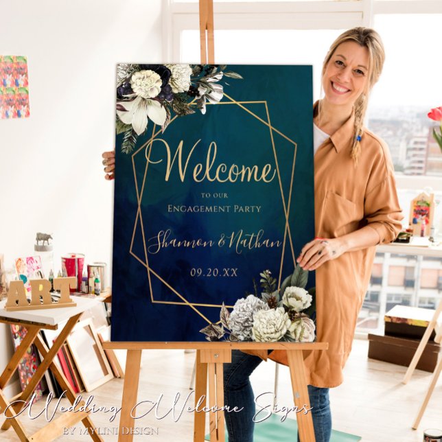 Floral Gold Script Engagement Party Welcome Sign (Creator Uploaded)