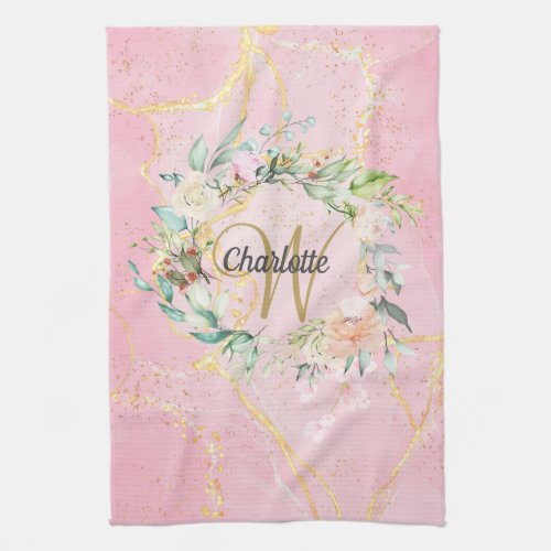 Floral Gold Script Monogram Pink Geode Agate Kitchen Towel