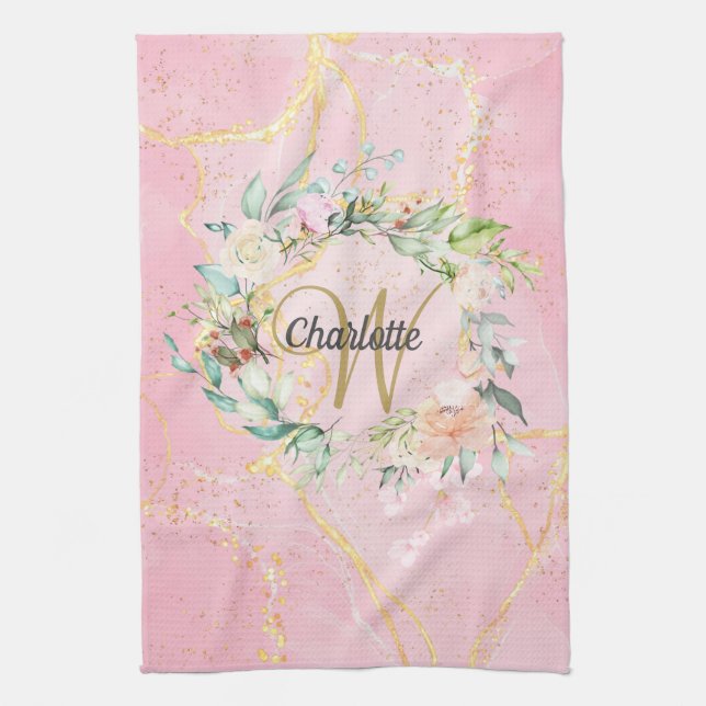 Floral Gold Script Monogram Pink Geode Agate Kitchen Towel (Vertical)
