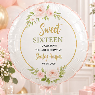 Floral Gold Script Sweet Sixteen Birthday Balloon