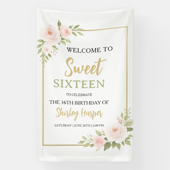 Floral Gold Script Sweet Sixteen Birthday  Banner (Vertical)