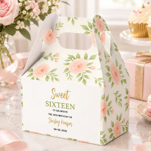 Floral Gold Script Sweet Sixteen Birthday  Favor Boxes