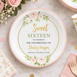 Floral Gold Script Sweet Sixteen Birthday Paper Plates