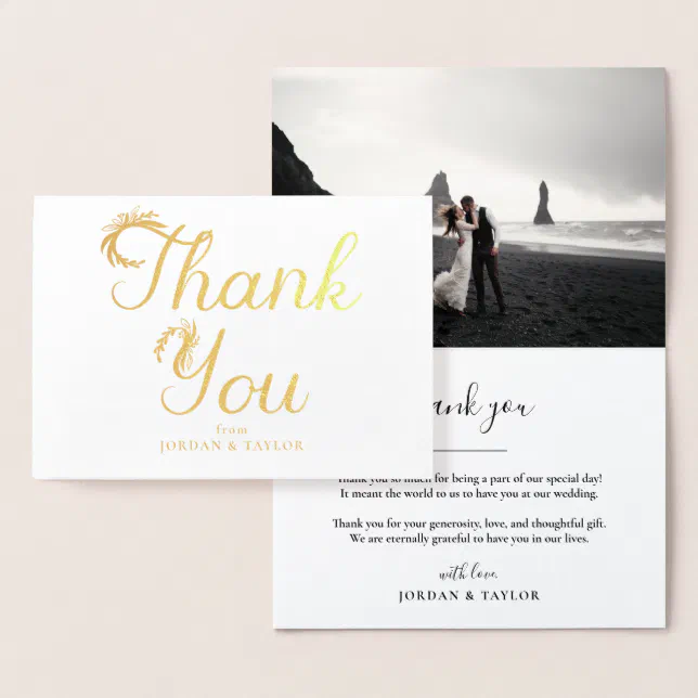 Floral Gold Script Wedding Thank You Photo Foil Card | Zazzle
