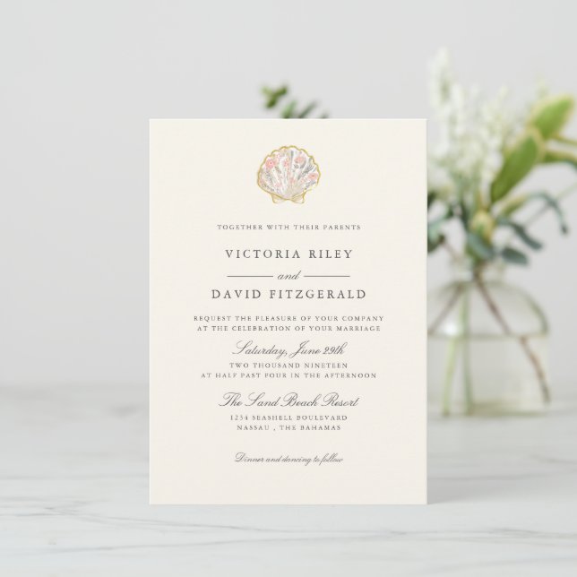 Floral Gold Seashell Elegant Ocean Beach wedding Invitation (Standing Front)