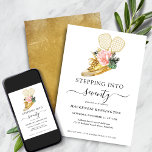 Floral Gold Shoe Pickleball Birthday Invitation<br><div class="desc">Modern, Elegant, "Stepping Into 70" Chic Floral Gold Sneaker Tennis Shoe Birthday Party Invitation featuring our glamorous glitzy watercolor gold Sneaker Tennis Shoe surrounded by pink and green tropical flowers and a pair of Glitzy Pickleball Paddles. If you love shoes and pickleball, you’re in the right place. These chic tropical...</div>