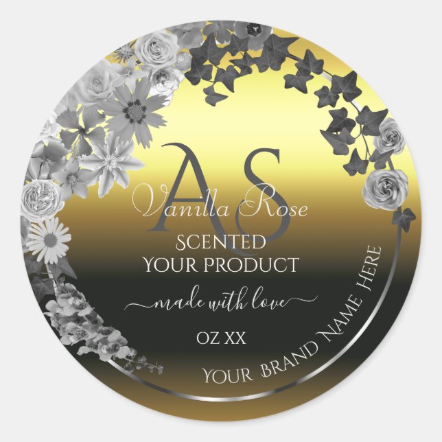 Floral Gold Silver Gray Product Labels Monogram (Front)