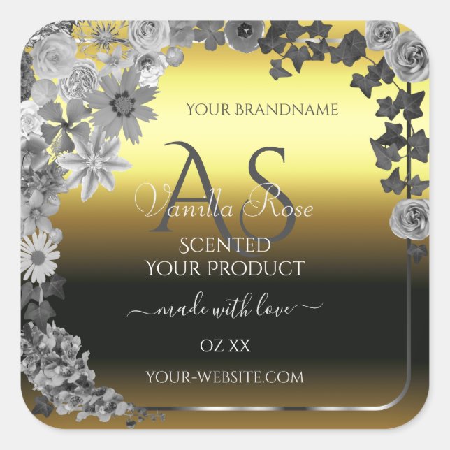 Floral Gold Silver Gray Product Labels Monogram (Front)